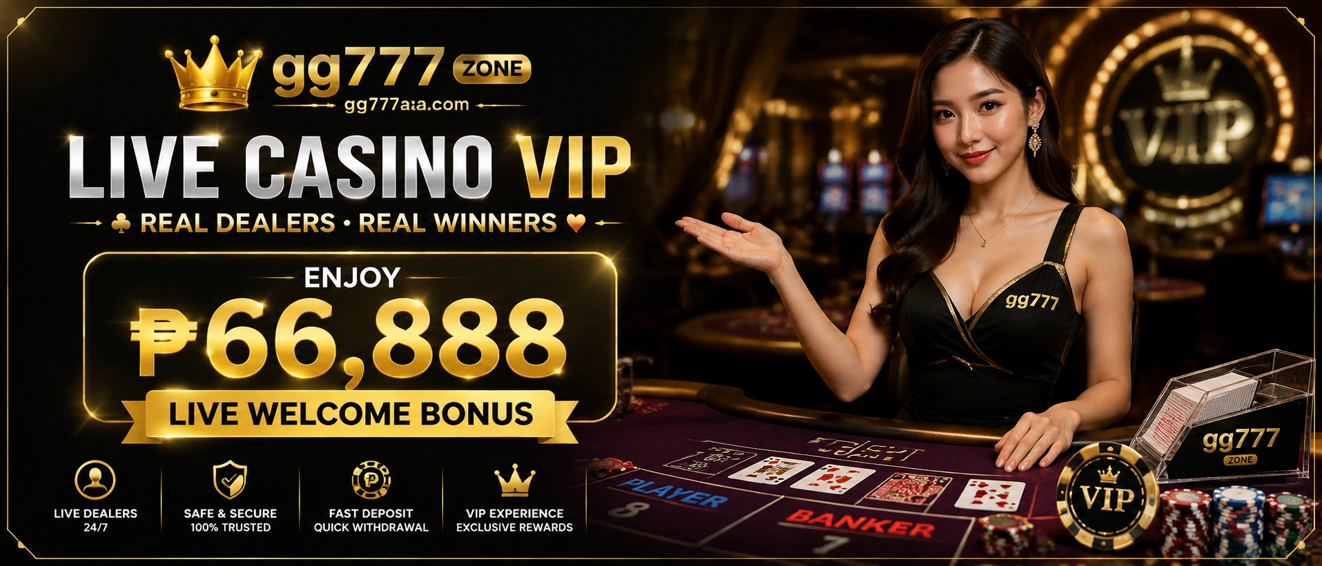 Live casino banner featuring mobile-friendly access and clear table navigation
